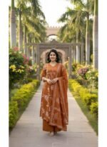 cotton a-line anarkali kurti pant dupatta set - Image 4