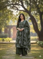 cotton a-line anarkali kurti pant dupatta set - Image 3
