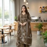 cotton a-line anarkali kurti pant dupatta set