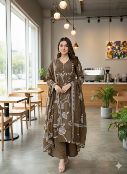 cotton a-line anarkali kurti pant dupatta set