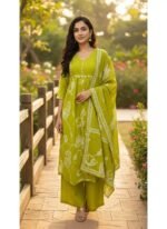 cotton a-line anarkali kurti pant dupatta set - Image 2